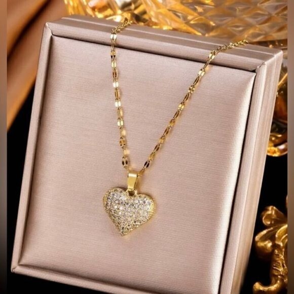 Gold-Color Stainless Steel Jewelry Set Cubic Zirconia Heart Necklace & Earrings - Picture 2 of 2